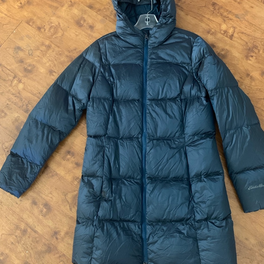 Eddie Bauer Women’s Long Quilted Hooded Puffer Coat - Navy Blue Size M Luna Peak